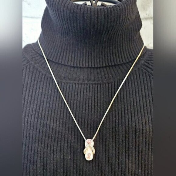 Pink Ribbon Breast Cancer Awareness Flip Flop Silvertone Necklace - Picture 2 of 7